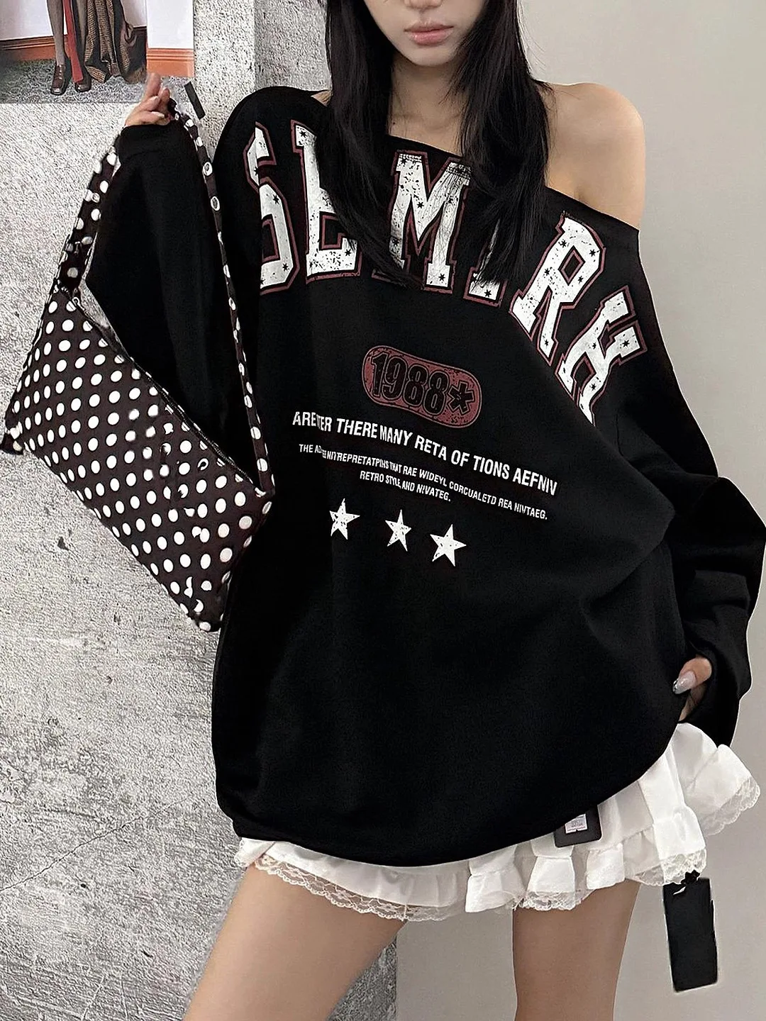 Loose Fit Letter Print Sweatshirt Women's Oversized Casual Shirt Vintage Style Korean Commute Style Mid-Length Sleeve Long