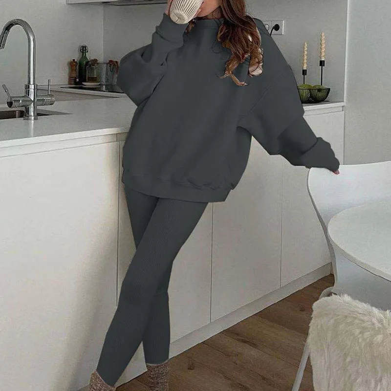 

Модная спортивная толстовка с капюшоном, комплект из двух предметов, повседневный топ с длинными рукавами и круглым вырезом и длинные брючные костюмы, женские элегантные уличные однотонные свободные наряды