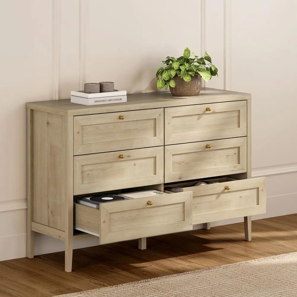 Wide 6 Drawer Dresser for Bedroom Mid Century Modern Chest of Drawers Wooden Storage Dresser Organizer TV Stand for Living Room,