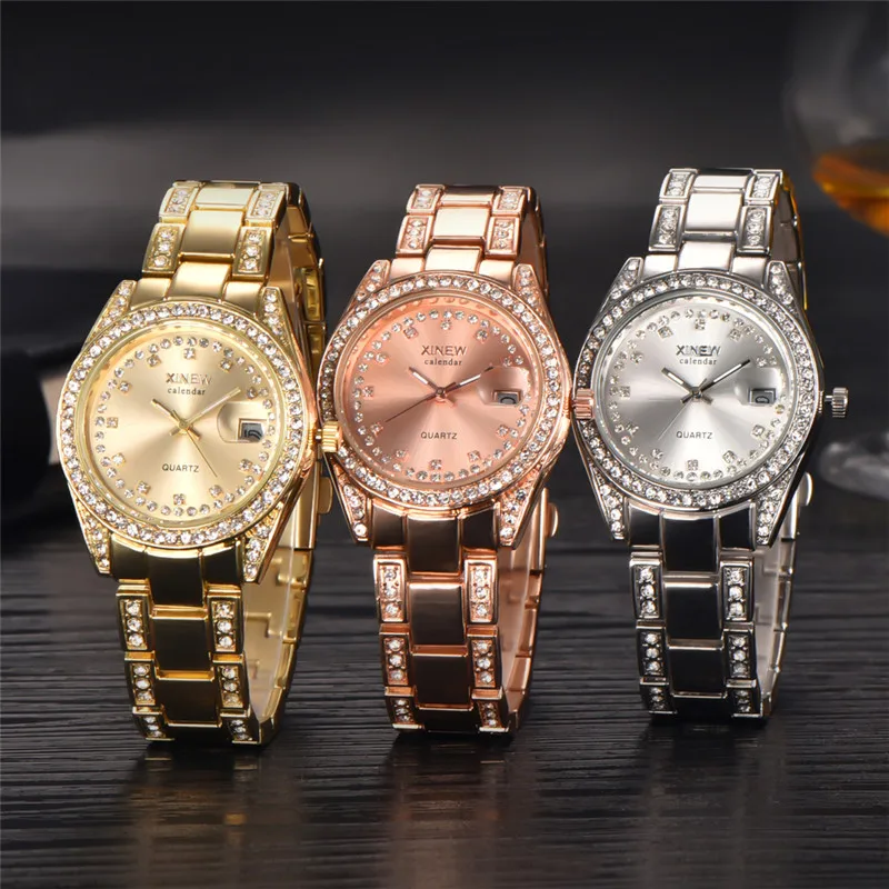 Women Big Brand Watches Girls Casual Alloy Band Simple Diamond Date Quartz Wrist Watch Rose Gold Relogios Feminino Fashions 2024