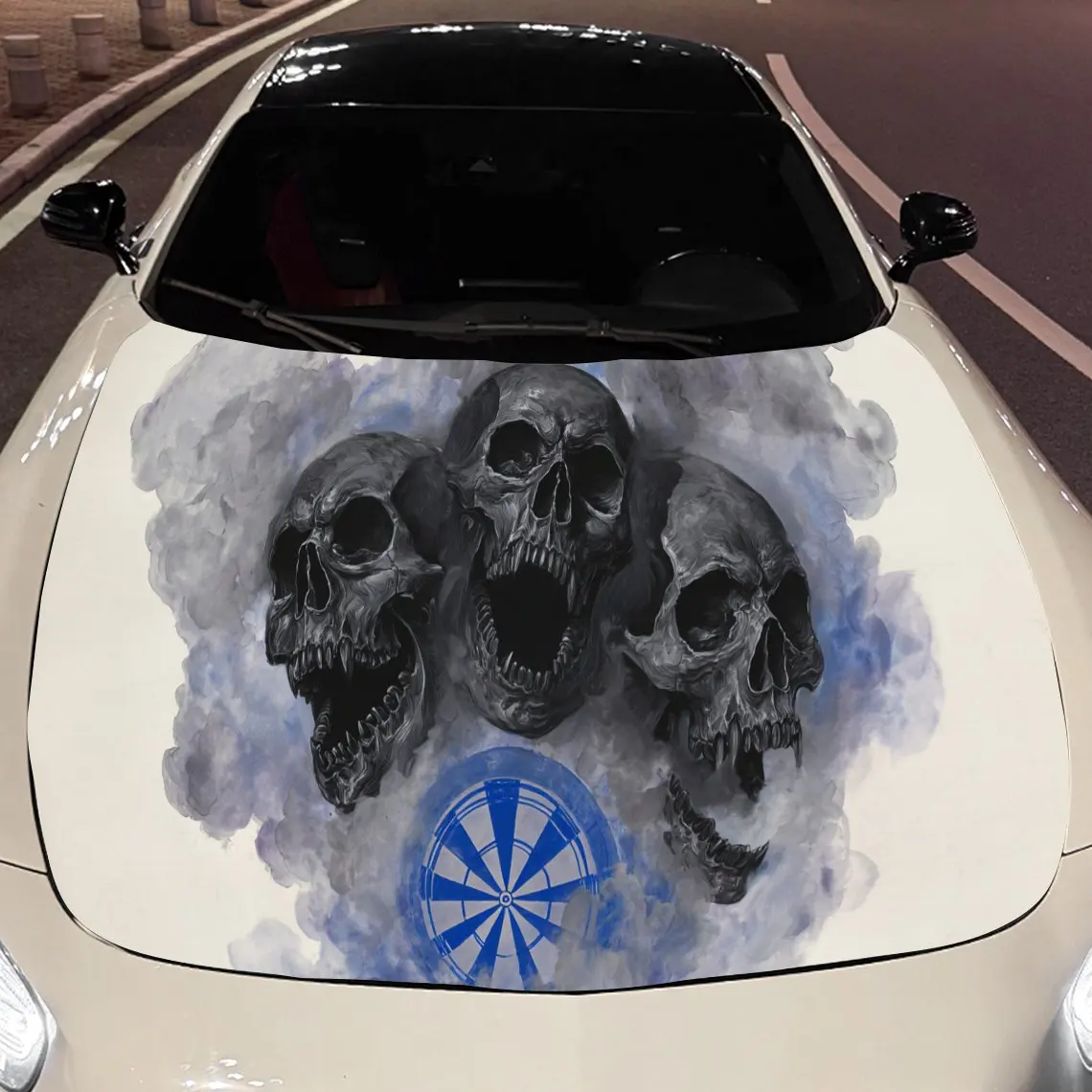 

Blue Flame Skulls and Dartboard Car Engine Hood Sticker, Auto Vinyl Wraps, Waterproof Self-adhesive Vehicle Decal, Durable & Ant