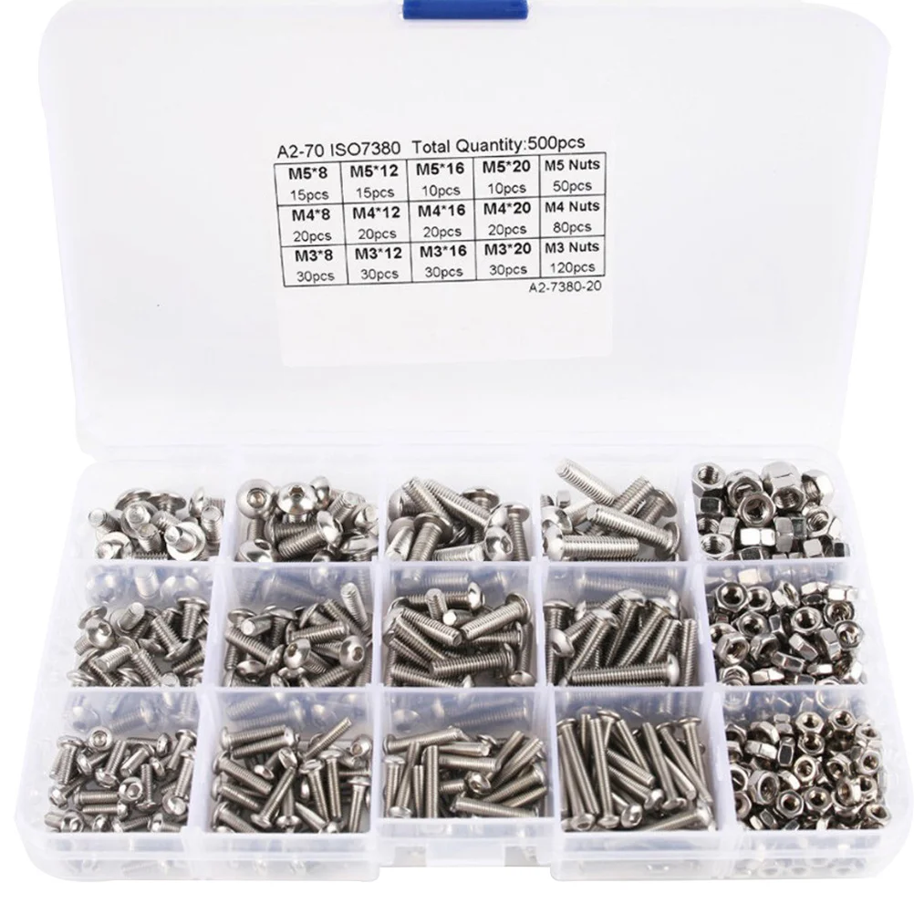 

500Pcs Stainless Steel M5 Hex Allen Screw Nut Set Assortment Kit Strong Anti-Rust for Multiple Applications Set Screw