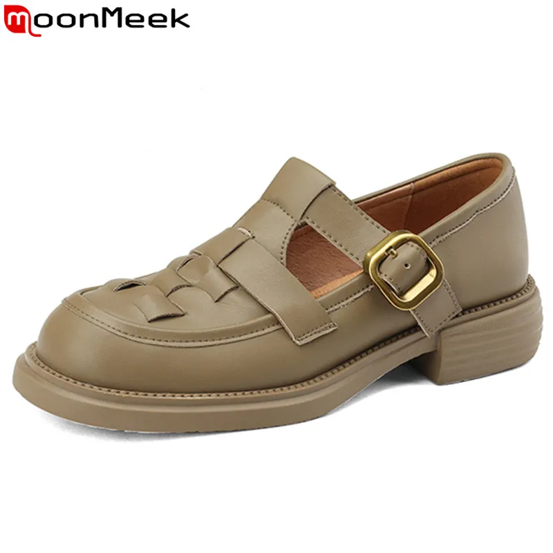 

MoonMeek 2023 New Size 34-40 Genuine Leather Single Shoes Woman Buckle Square Med Heels Dress Shoes Ladies Solid Spring Pumps