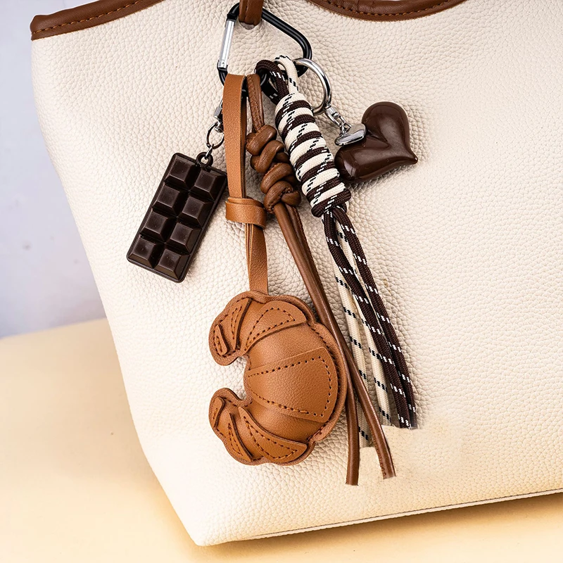 Diy Braided Rope Leather Croissant keychain Hand-Woven Anti-Lost Ladies Horn Bag Pendant Trinket Multi-Functional