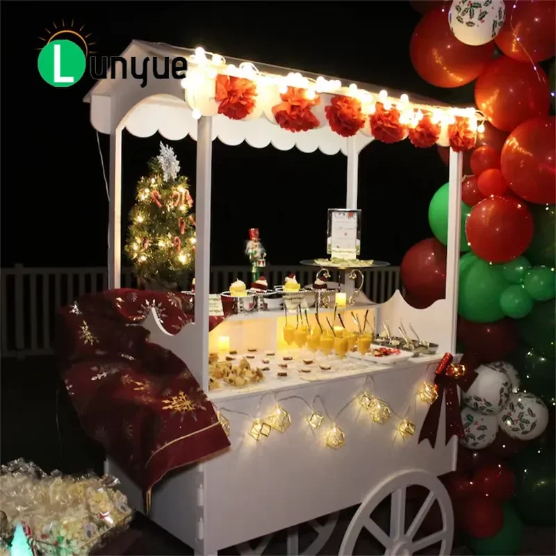Custom Wooden Candy Cart Pink Red Flower Design With Wheels For Wedding Christmas Dessert Party Mobile Display Stand Hot Sale