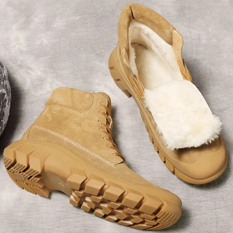 

Russian Outdoor Work Shoes Fur Snow Boots Men Winter Non-slip Warm Genuine Leather Ankle Cotton Shoes