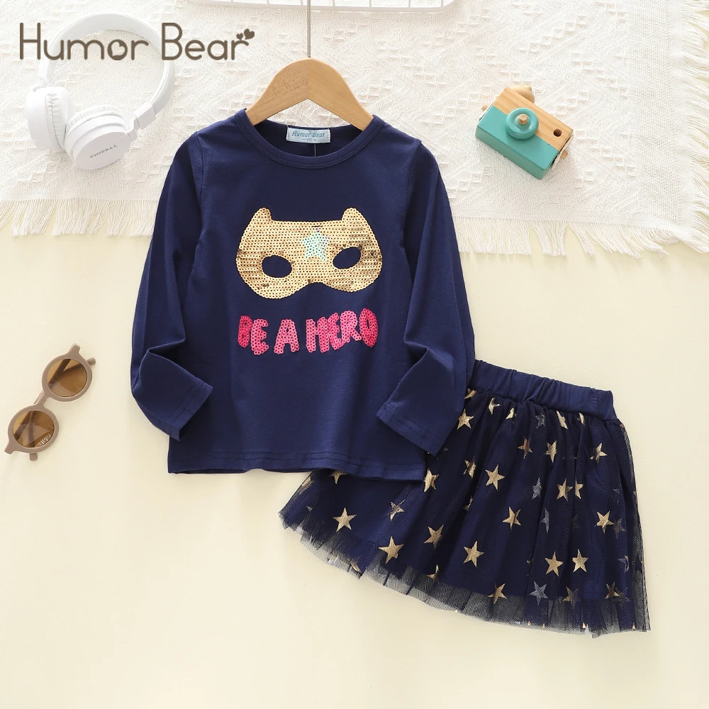 Humor Bear Girl Clothes Sets Autumn Long-Sleeved Mask Letter Top+  Star Tulle Skirt 2PCS  Outfits Kids Clothes