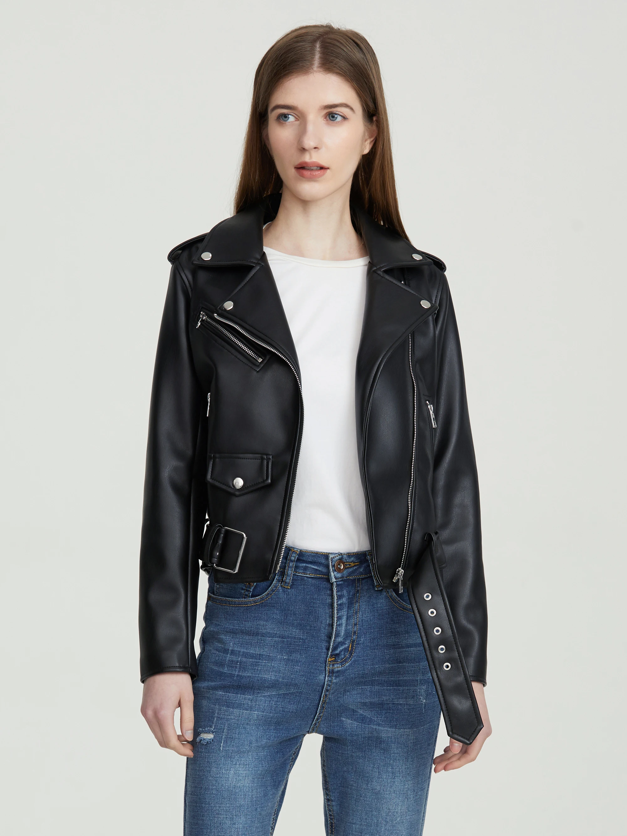 Dames Moto Biker zwarte punk jas dame met riem leren jas kunst PU lederen bovenkleding