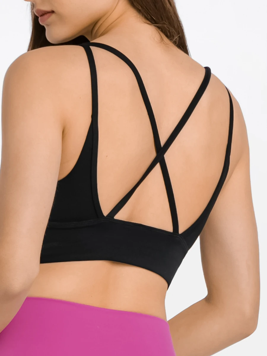 Nepoagym GOODWILL Women V-neckline Strappy Sports Bras Cross Back Medium Support Soft Naked Feel Yoga Bra Push Up for Workout