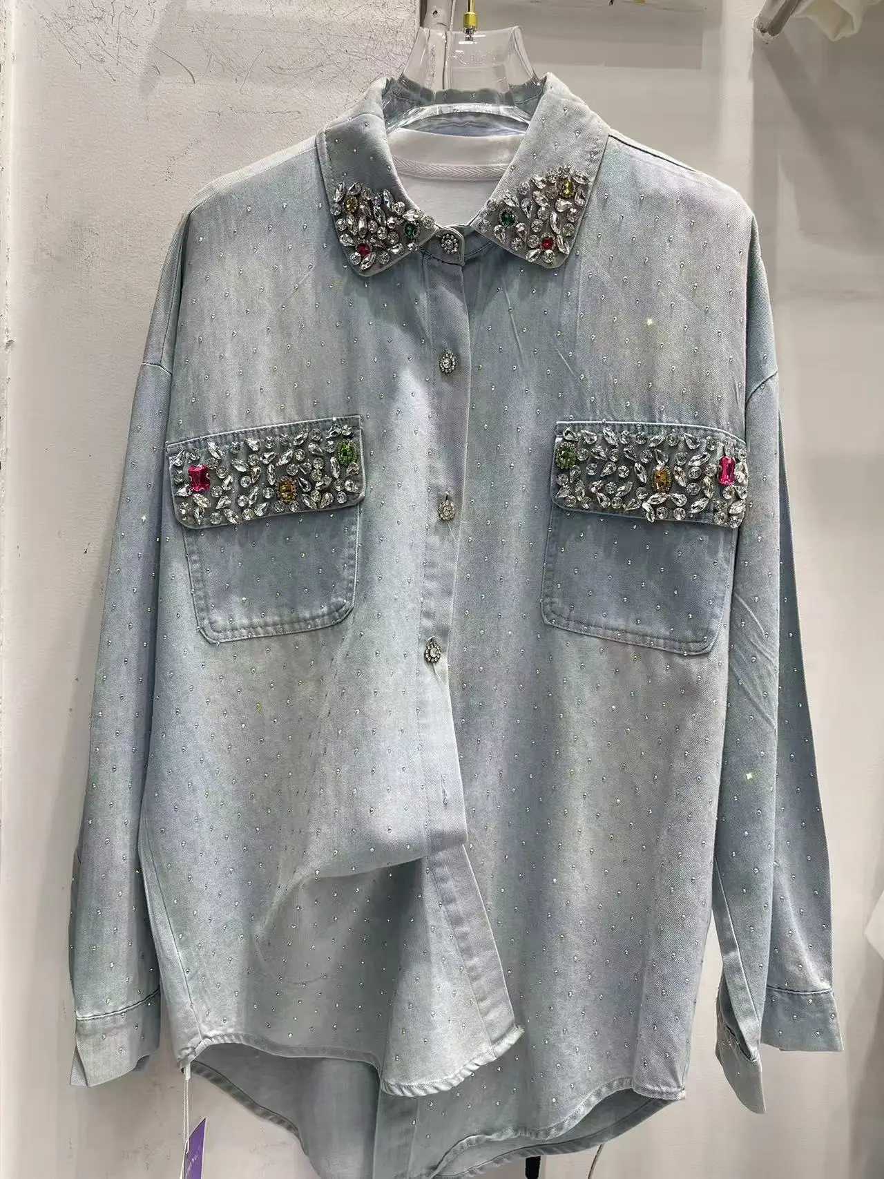 Luxury Sparkle Rhinestones Full Body Hot Drilling Diamonds Denim Blouses Shirts For Women's Autumn Causal Tops Camisas De Mujer