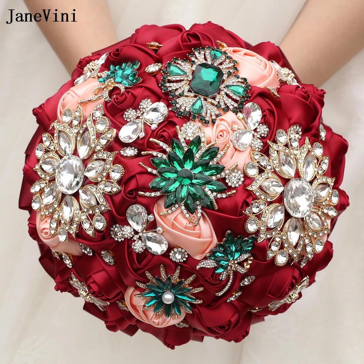 JaneVini Luxury Rhinestone Jewelry Dark Red Flowers Bridal Bouquets Bling Diamond Artificial Satin Roses Wedding Brooch Bouquet