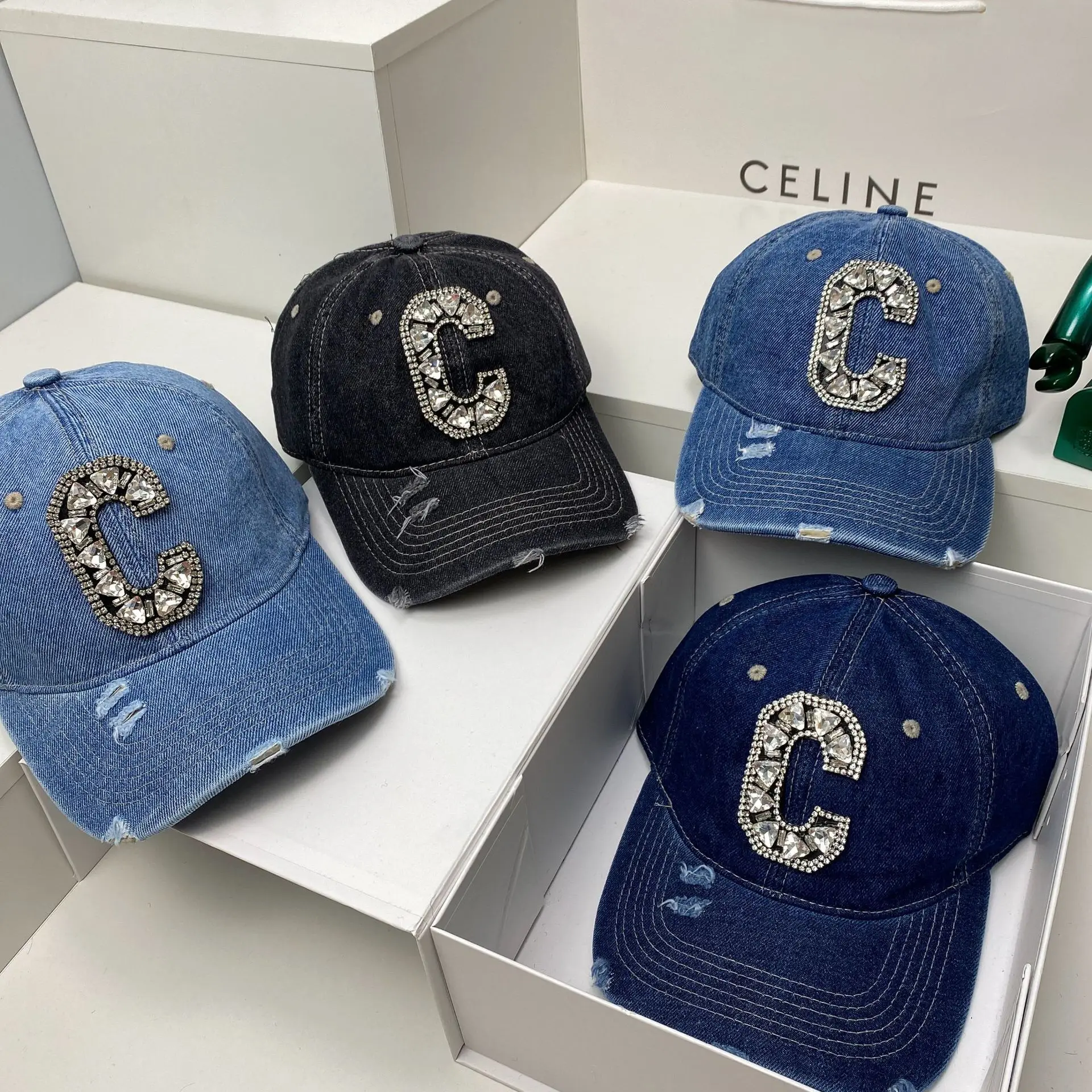 Heavy Industry Light Luxury Rhinestone C-Letter Baseball Cap Large Edition Perforated Washed Cotton Denim Cap