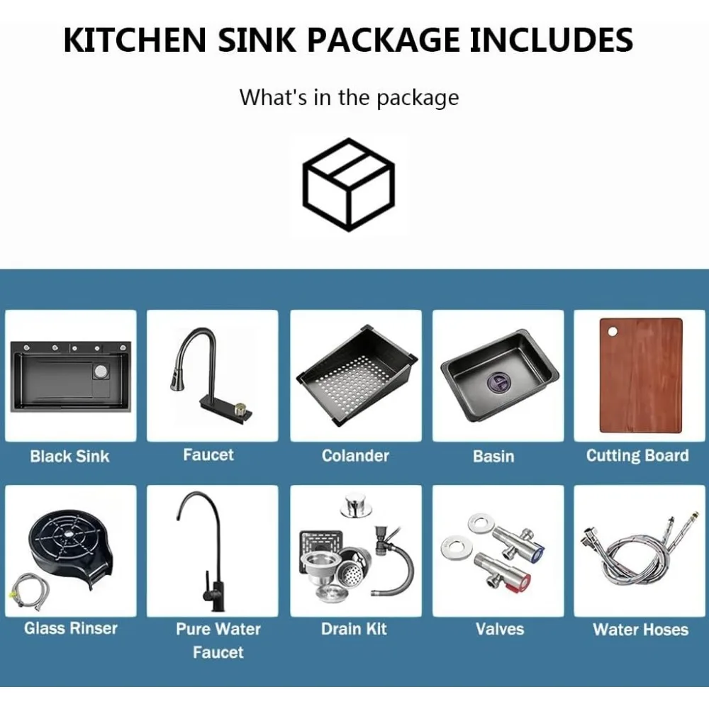 حوض مطبخ شلال أسود، قطرة في وعاء واحد من الفولاذ المقاوم للصدأ مع أحواض غسالة الأكواب، حوض مطبخ لمحطة العمل العلوية