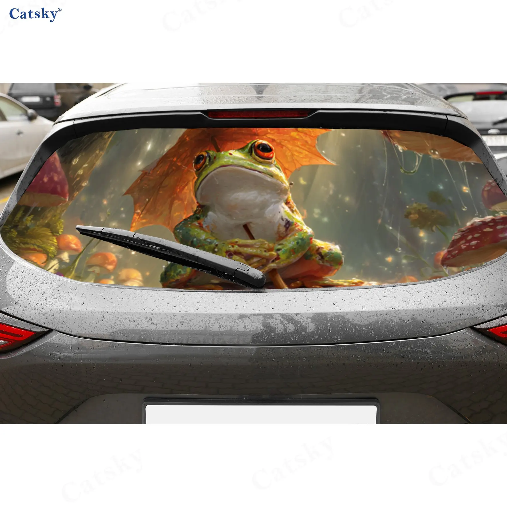 

Charming Frog in an Art Scene PVC Perforated Car Vinyl Wraps, Durable Car Rear Windshield Sticker, Waterproof Car Rear Window De