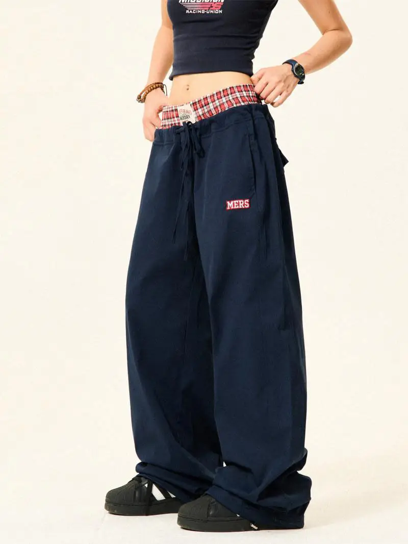 

Retro Checkered Patchwork Fake Two Piece Casual Pants with A Female Design Sense Double Waisted Casual Sports Paratrooper Pants