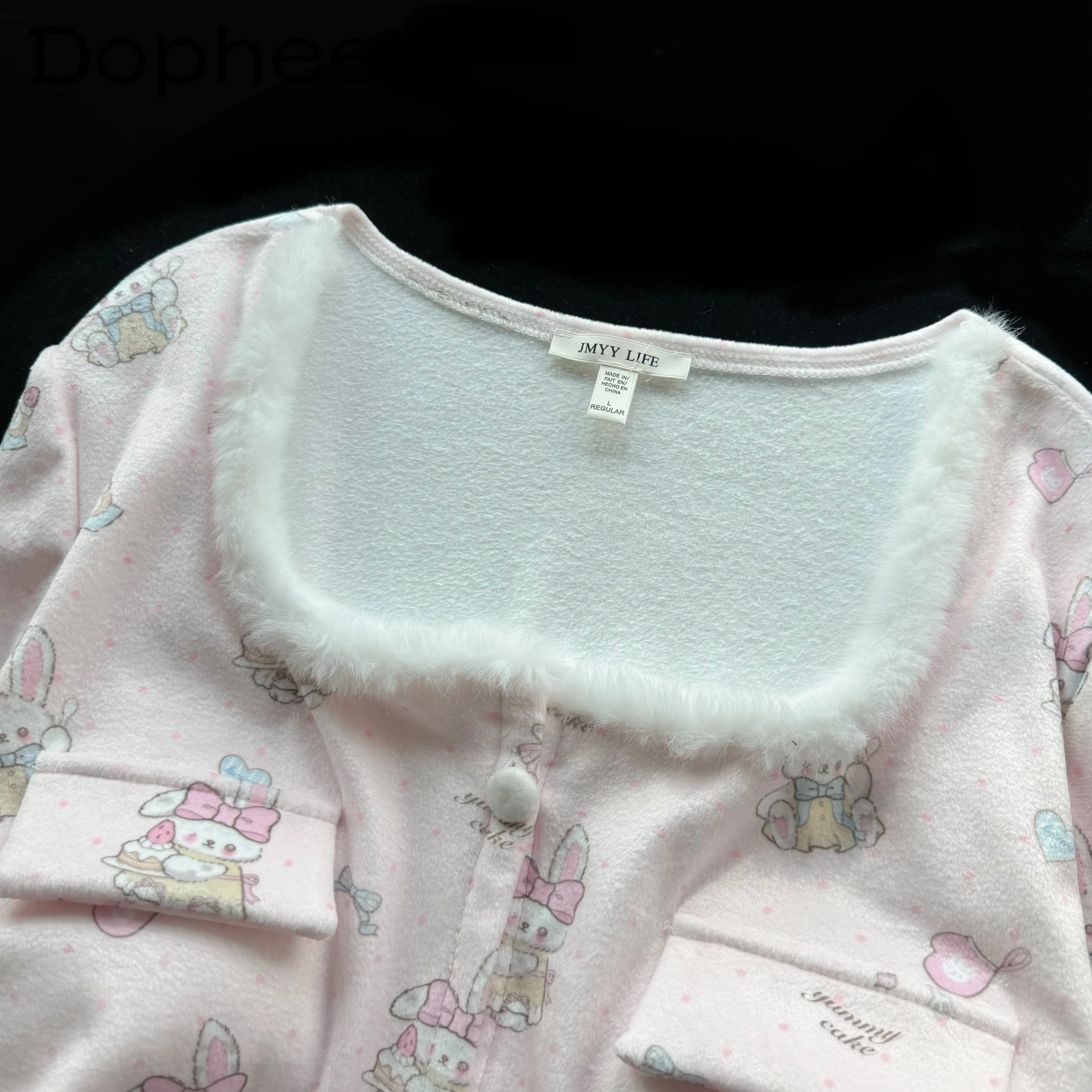 Autumn Winter New Plush Long-sleeved Pink Pajamas Kawaii Girl Outdoor with Chest Pad Cartoon Sweet  Comfortable Loungewear Set