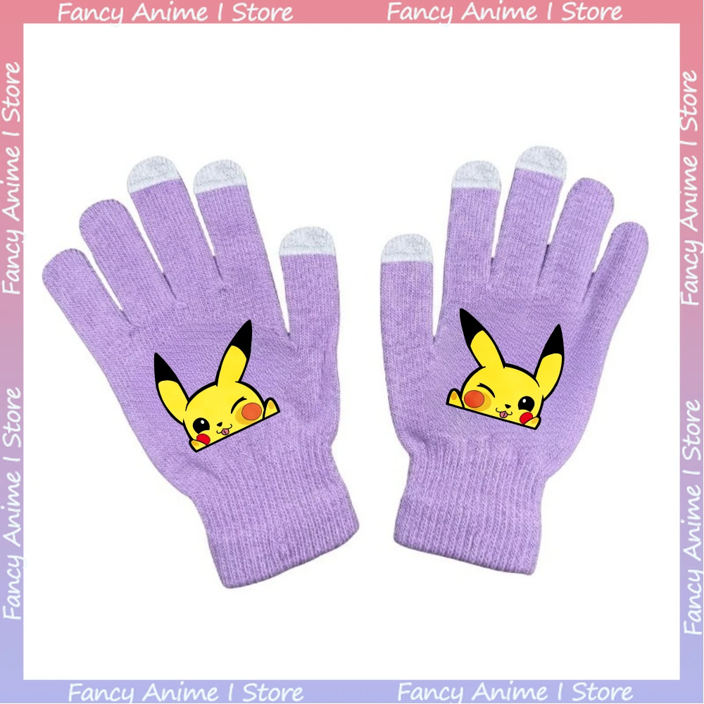 قفازات محبوكة لطيفة على شكل رسوم متحركة بيكاتشو تعمل باللمس للأولاد والبنات في الهواء الطلق لركوب الدراجات في الشتاء الدافئ للأطفال إكسسوارات هدايا