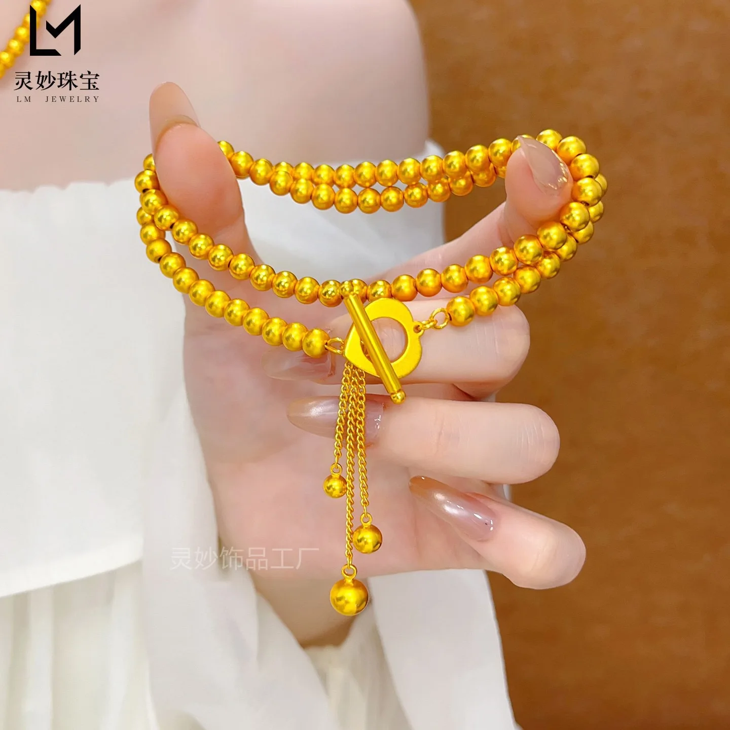 9999 24K gold antique fashion round bead gold necklace women's gold jewelry