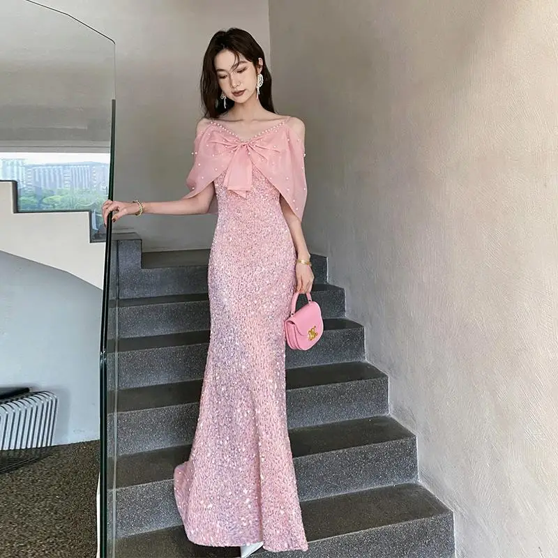 

Pink Bow Spaghetti Strap Prom Gown Elegant Backless Beading Mermaid Dress For Women Floor-length Shiny Sequin Evening Dress