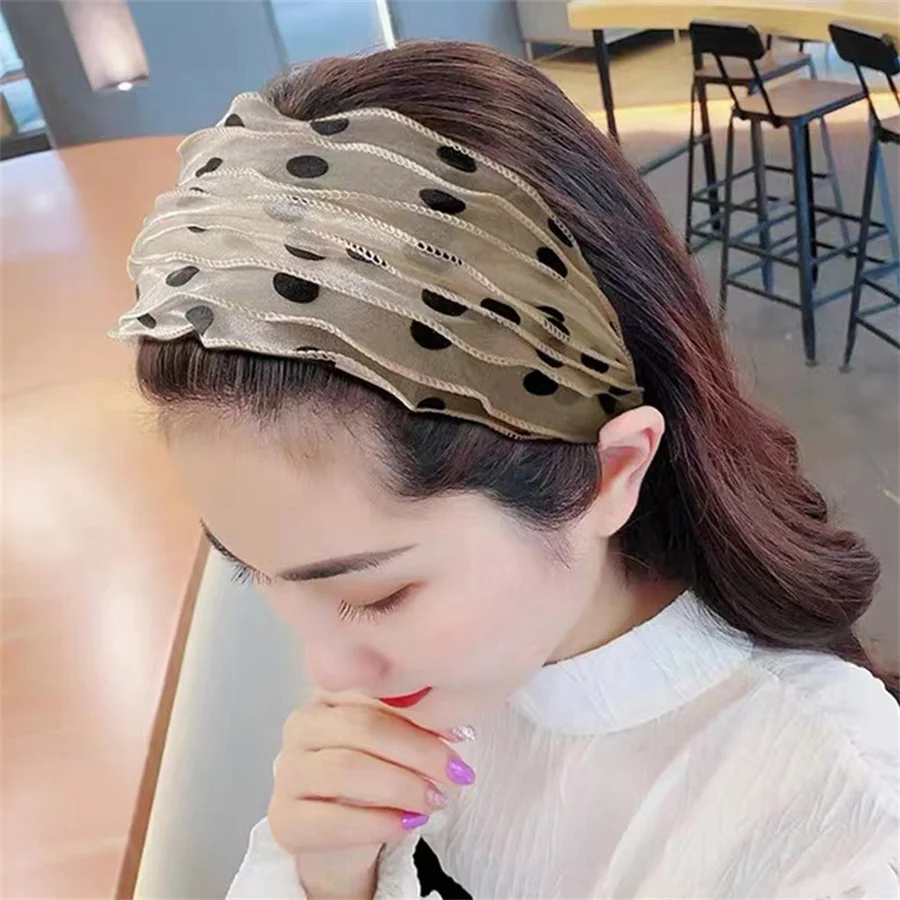 Hot sales New fashion retro printed wave headband women\'s lace mesh bow wide-brimmed hairband hairpin hair accessories wholesale