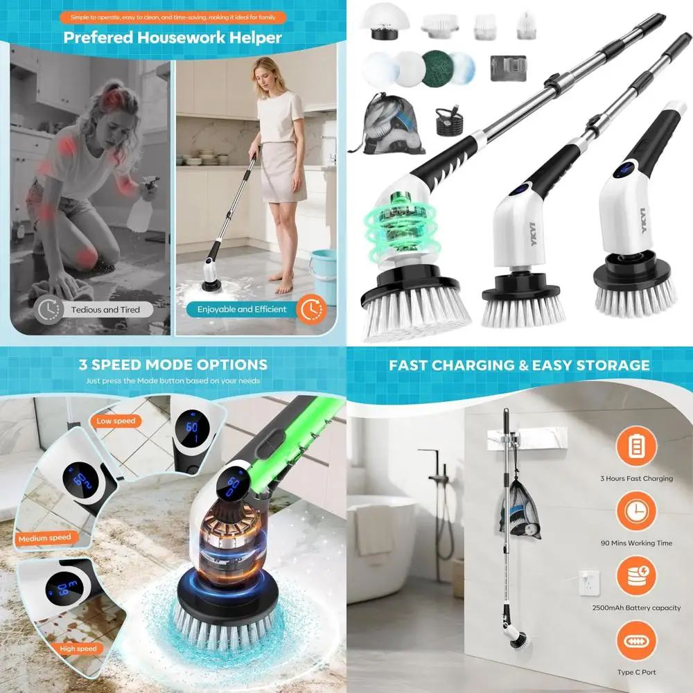 Cepillo de Limpieza Inalámbrico Giratorio con 8 Cabezales, 3 Velocidades, Mango Ajustable - Cepillo de Limpieza Impermeable para Ducha, Azulejos, Bañera, Juntas