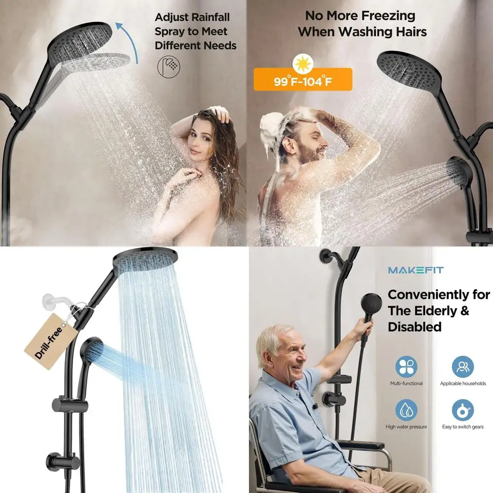 

Dual Shower System with Handheld and Rainfall, 3-Way Diverter, Adjustable Slide Bar, Height-Adjustable Holder, Black