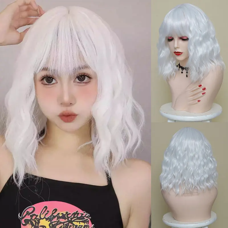 

European and American water ripple wig with bangs, short curly synthetic hair full headpiece for women