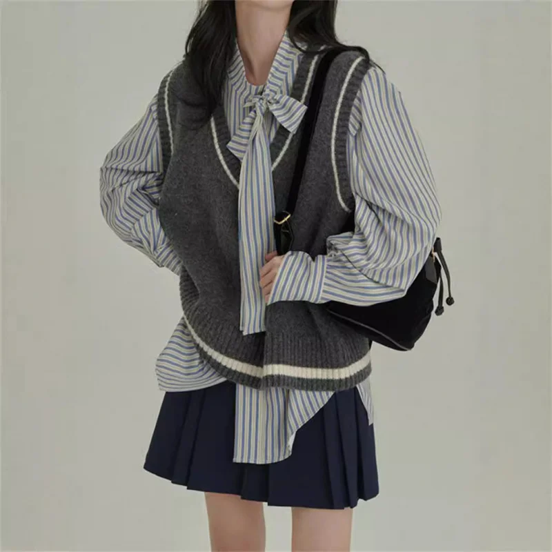 

Рубашка в тон для девочек-студенток, осенний новый винтажный элегантный удобный универсальный жилет с отделкой, кардиган