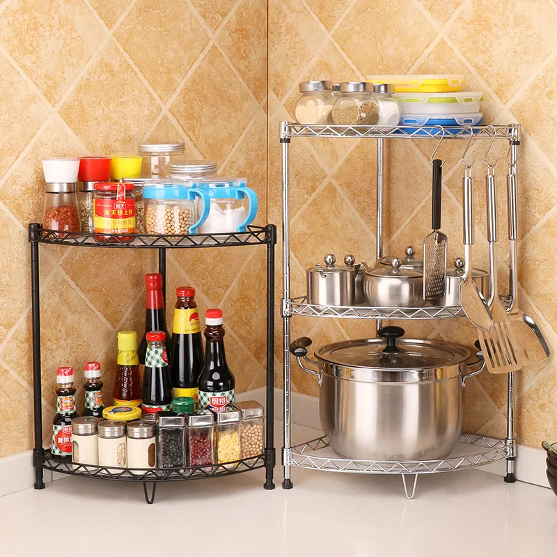 Kitchen Corner Rack Floor Multi-functional Storage Triangle Seasoning Rack Three-layer Adjustable Fan-shaped Seasoning Rack