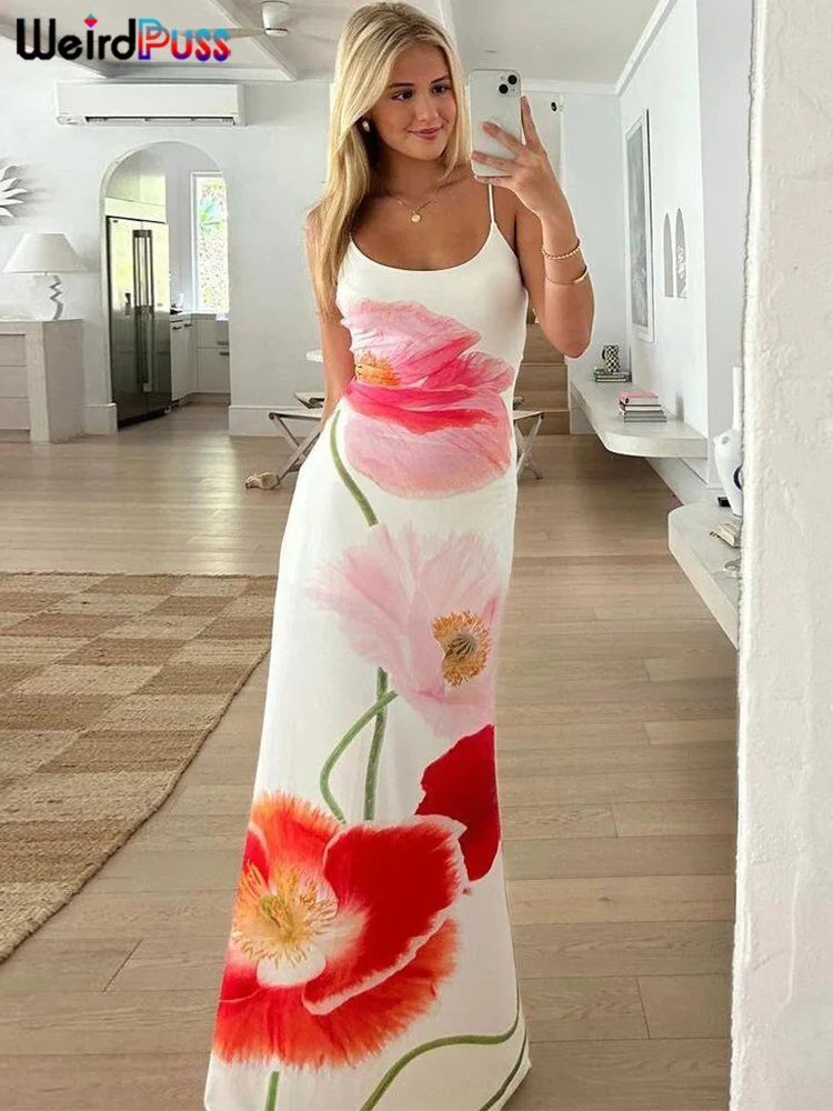Rare Puss Zomerbloemen Camis Jurk Vrouwen 2024 Nieuwe Trend Mouwloze Zachte Stretch Zoete Maxi Bodycon Skinny Elastische Vestidos