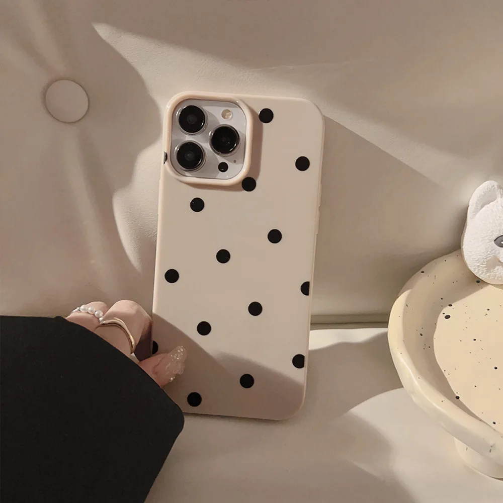 New Korean INS Polka Dot Print Khaki Soft Phone Case For iPhone 16 15 14 13 12 11 X XS XR Pro Max Plus Shockproof Bumper Cover