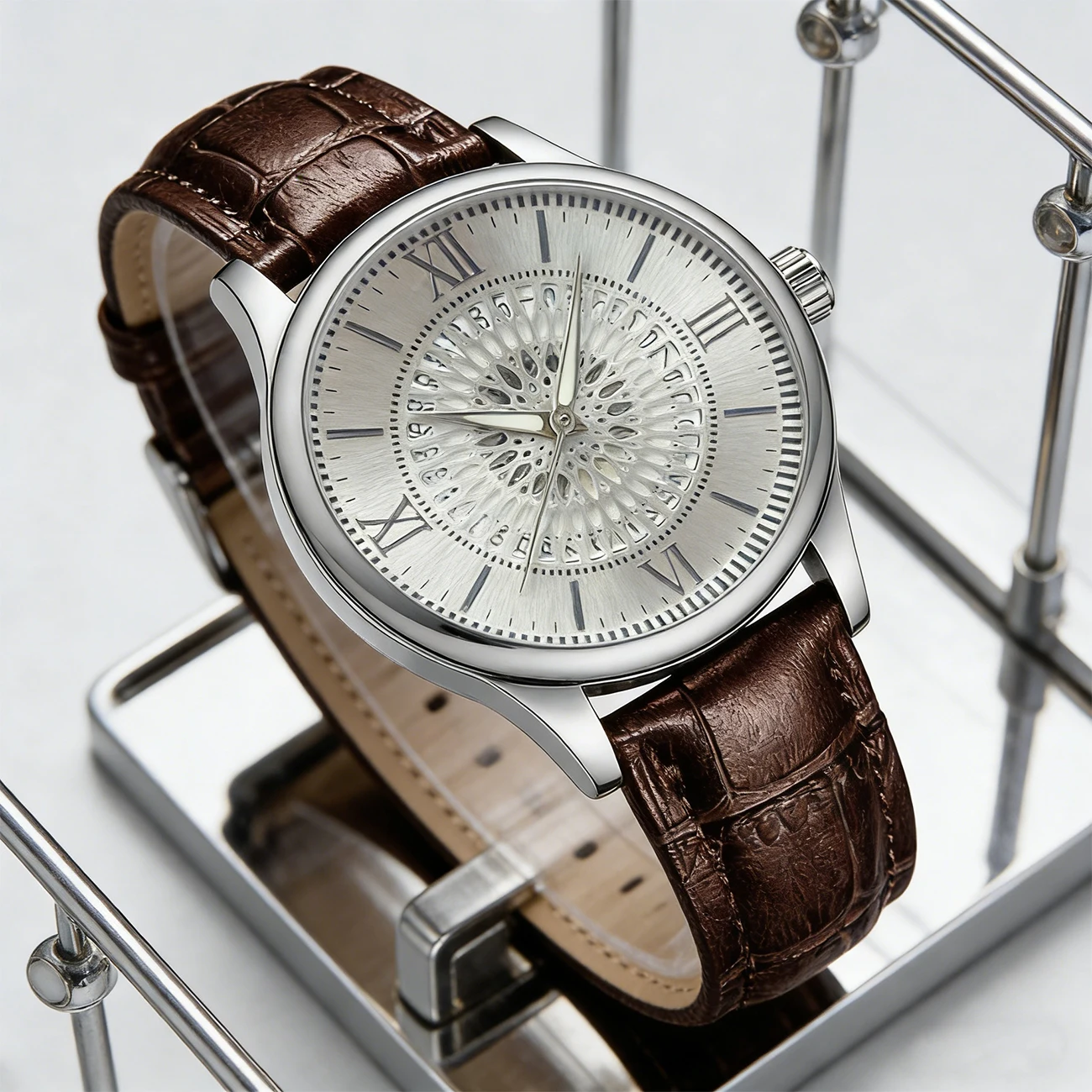 

Мужские часы премиум-класса: водонепроницаемые кварцевые часы с полым циферблатом и календарем, кожаный ремешок