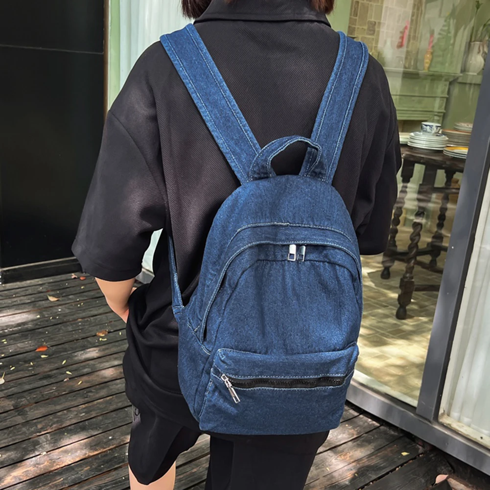 Ransel Denim Fashion ransel Jeans ringan Vintage Laptop ransel kapasitas besar Multi kantong untuk perjalanan luar ruangan