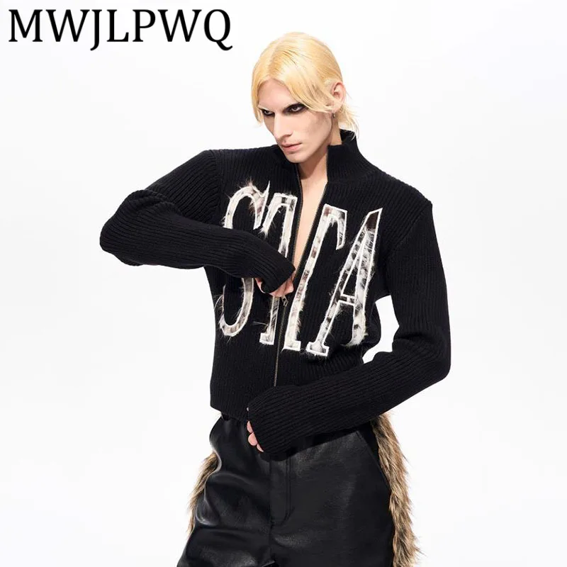 MWJLPWQ High Collar Zipper Printed Knit Jacket For Men Autumn Winter Fur Patchwork Slim Fit Sweater Long Sleeve Trendy New 12761