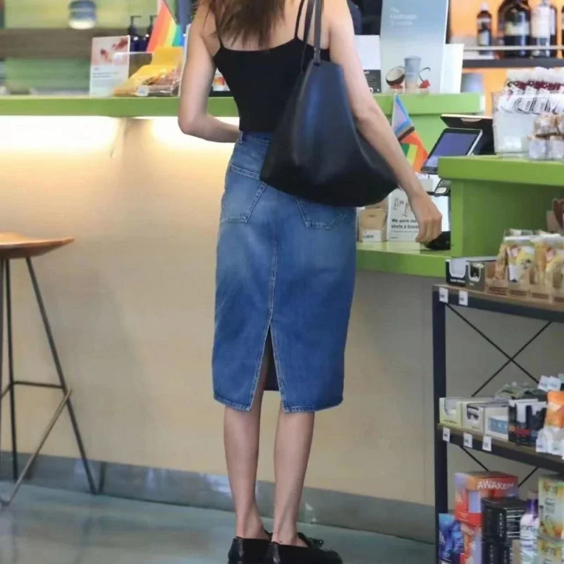 

The24ss Women's Blue Denim Skirt Back Split Design TopsRow Crossbody Breathable Daily Commuter Simple Peplum Midi Skirt