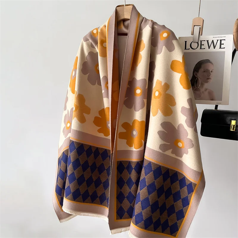 2023 Winter New Luxury Deisgn Imitated Cashmere Scarf Women Floral Print Outdoor Keep Warm Thick Shawl Soft Large Scarf Lady