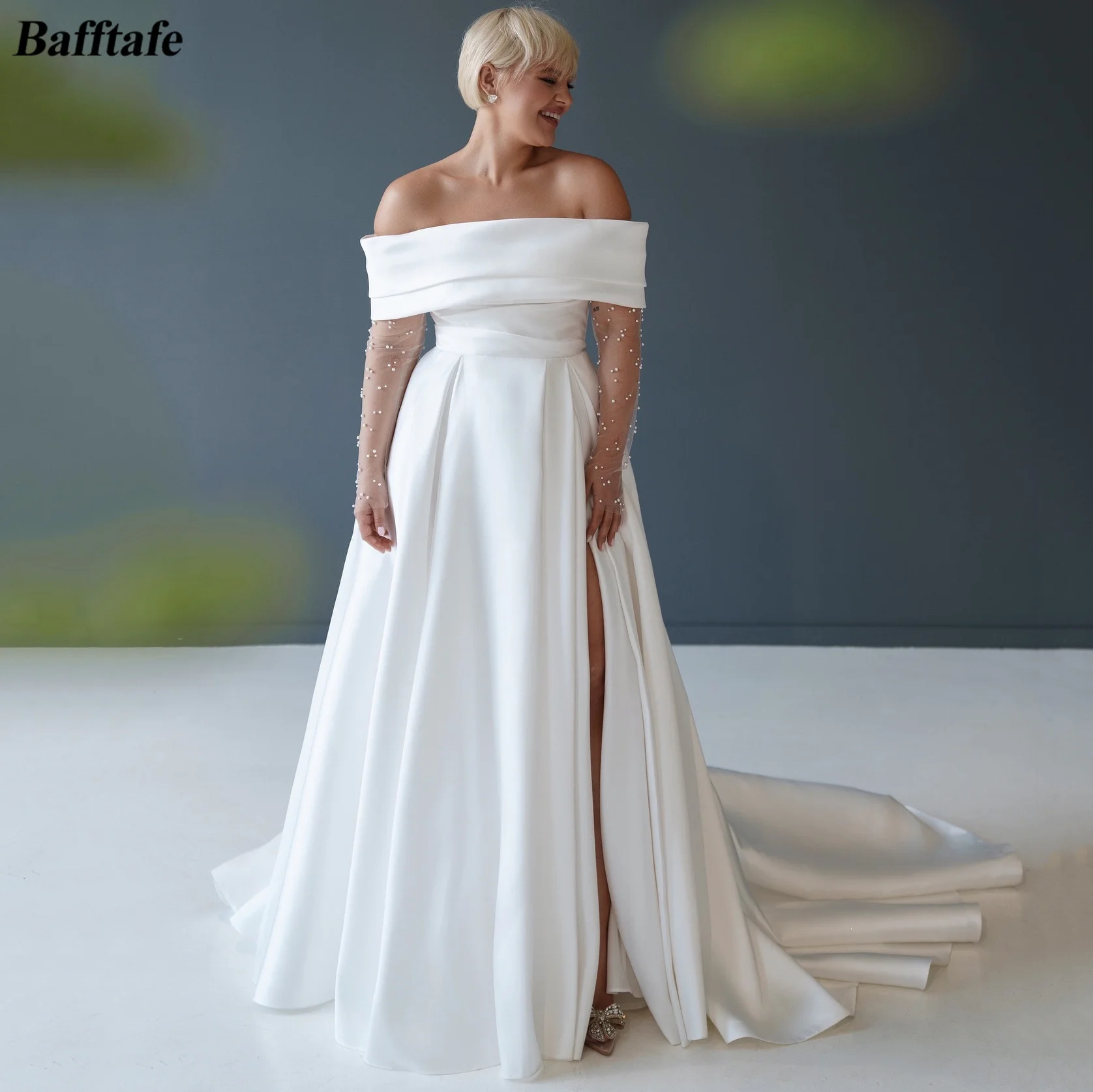 

Bafftafe Custom Made A Line Satin Wedding Gowns Removable Wraps High Slit Side Bridal Wedding Dresses Women Party Bride Gowns