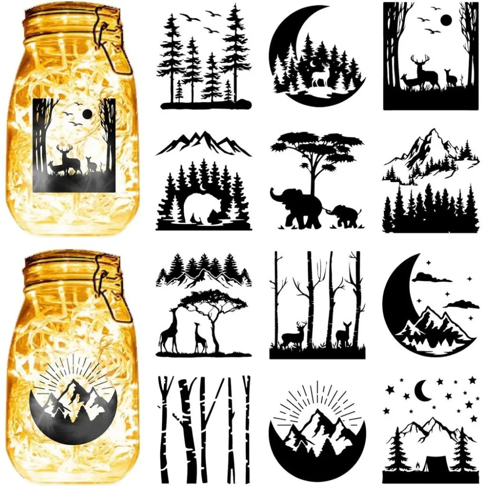 12Pcs Forest Mountain Silhouettes Mason Jar Decor Moon Animal Laser Cut Cardboard Scrapbook Cutouts Die Cuts PVC for Crafting