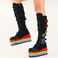 GIGIFOX Marke Große Größe 43 Mode Gothic Rianbow Plattform Buckles Zipper Bunte Große Qualität Motorrad Stiefel Frau Schuhe