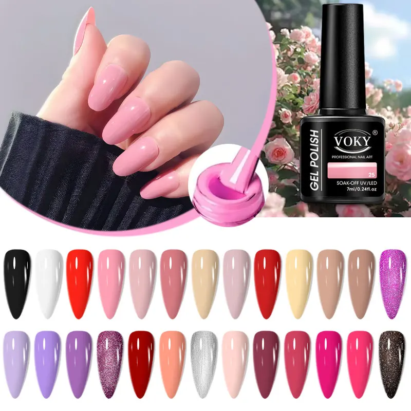 Conjunto de esmaltes em gel VOKY de 6 peças, cada frasco contém 0,24 onças, não perfumado, capa de sobretudo semi-permanente removível com LED