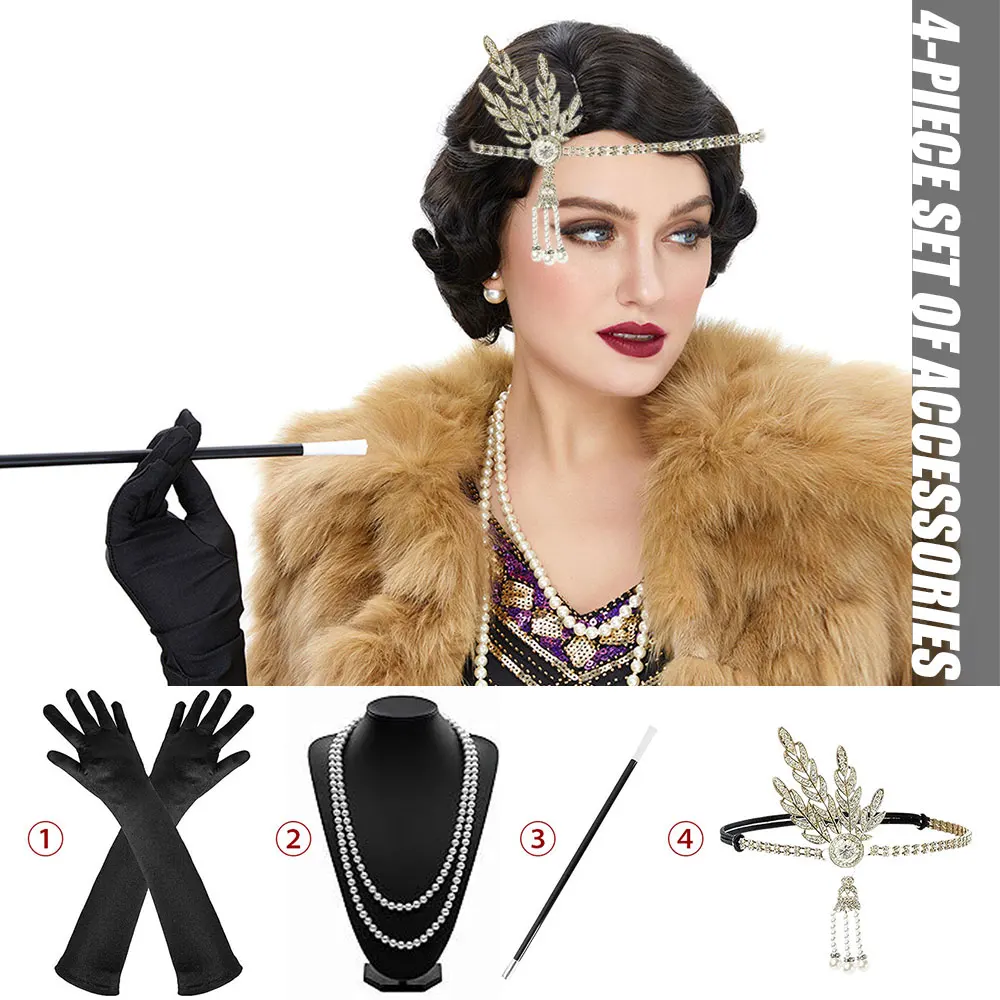 4PCS 1920s Great Gatsby Accessories Set, Flapper Costume Accessories Roaring 20s Accessories for Women Flapper Headpiece