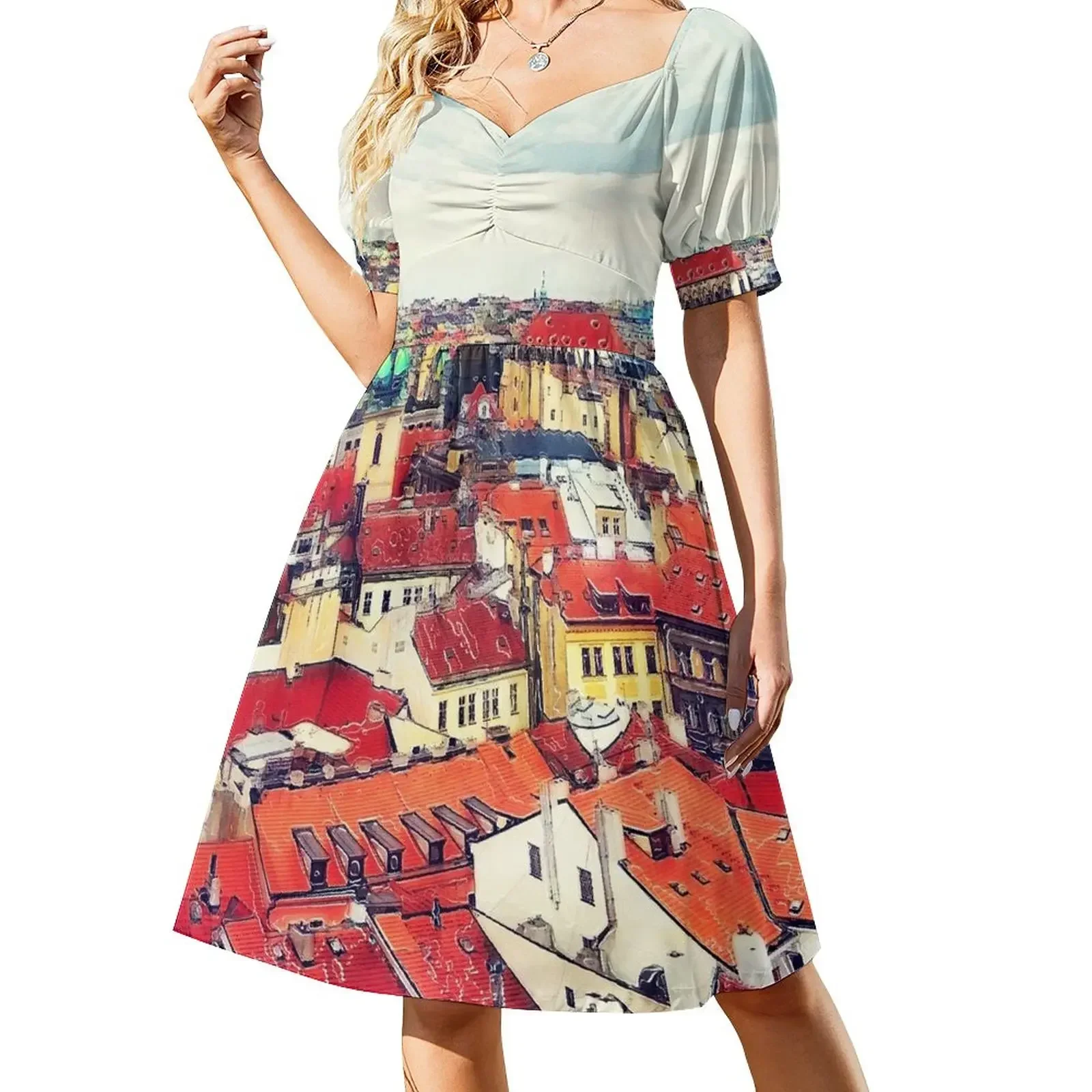 

Prague panorame city Short-Sleeved Dress elegant women's dresses for wedding Women long dress Dress