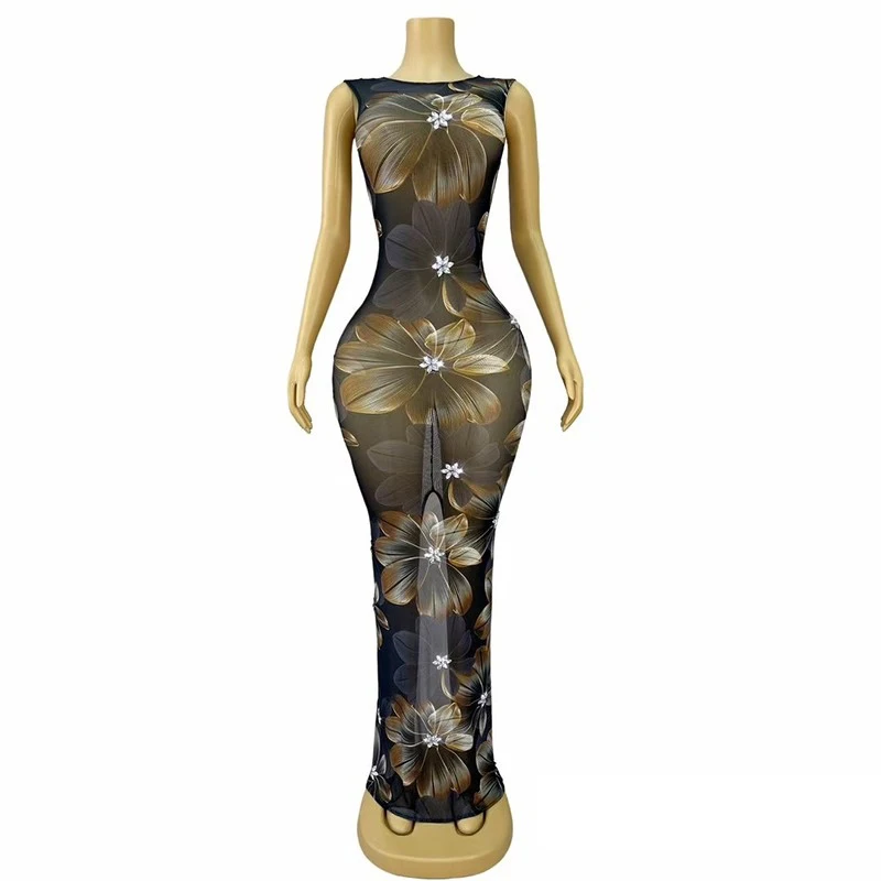 Sparkly Perspective Flower Printed Party Dress Women Celebrate Evening Outfit Bar Ds Dj Gogo Costume Stage Performance Wear 9242