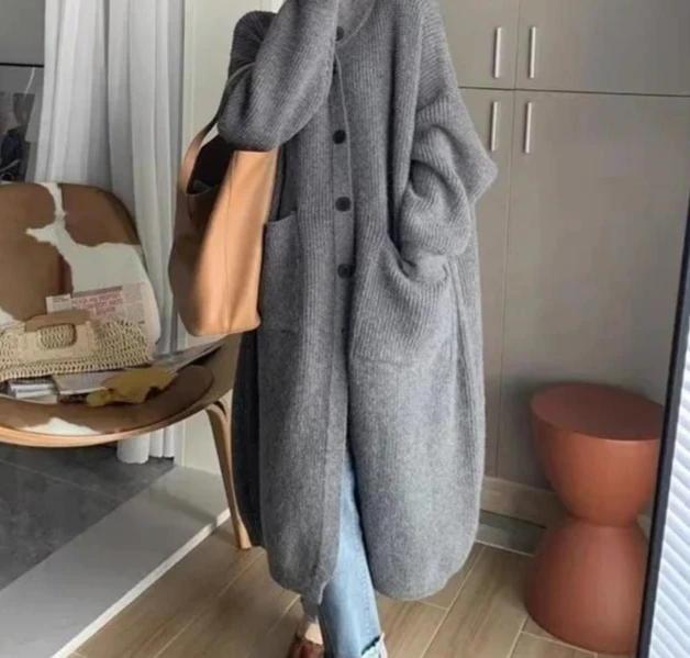 

Корейский ленивый стиль, женский вязаный кардиган с высоким воротником и длинными рукавами, однотонное пальто, весна-осень, средней длины