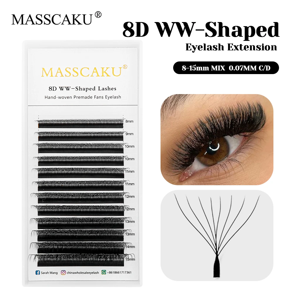 

Wholesale MASSCAKU Handmade Woven Waterproof W Shape Lashes 8-15mm and Mix Size W Clover Professional False Eyelashes in Stock