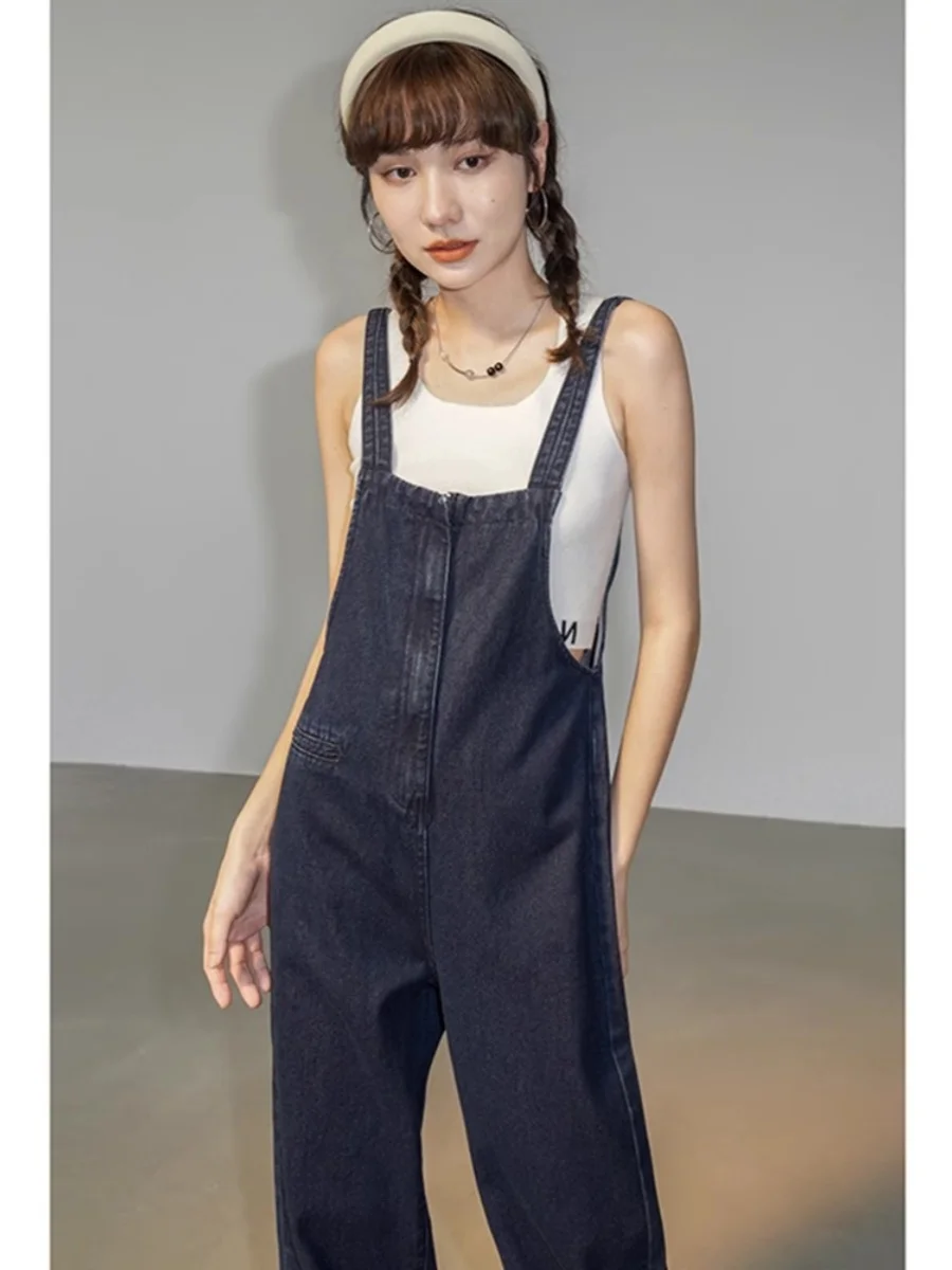 Damskie ogrodniczki dżinsowe z wysokim stanem i szerokimi nogawkami, letni modny krój, wyszczuplające spodnie na szelkach, bawełna, elastyczny denim.