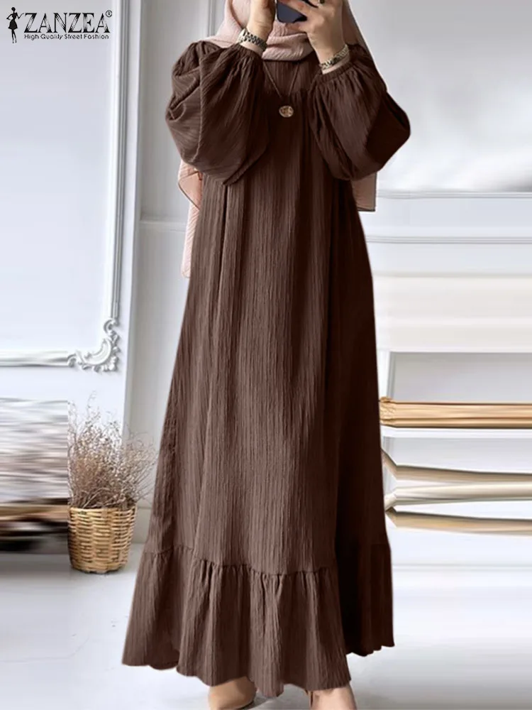 ZANZEA Vintage Solid Ruffles Hem Sundress Robe Femme Turkey Vestido Kaftan Women Fashion O Neck Long Sleeve Muslim Abaya Dress