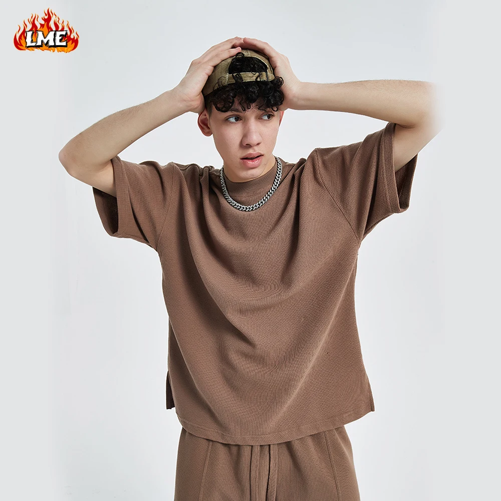 

High Quality 260GSM Cotton Breathable Waffle Knit Loose T Shirt High streetwear Casual Men Oversized Short Sleeved T Shirt