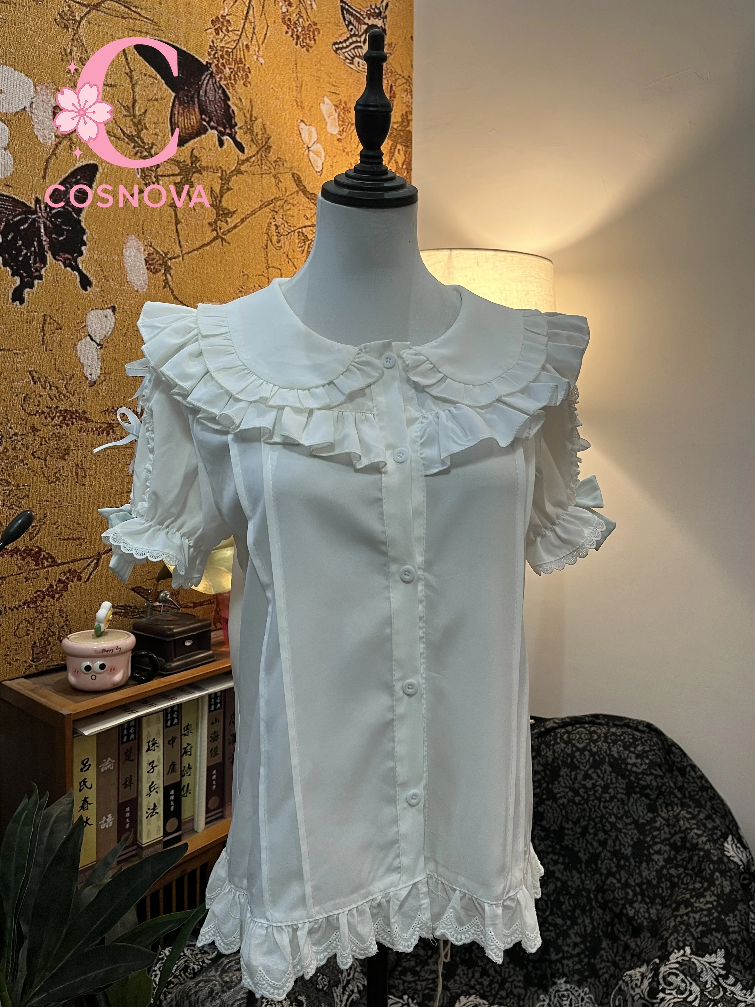 

Sweet Lolita Ruffled Doll Collar Blouse White Puff Sleeve Lace Hem Short Sleeve Inner Top for Lolita Dresses Layering Shirt 2026