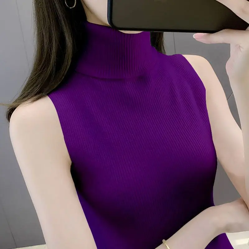 High Necked Knitted Vest Camisole Women Slim Sleeveless Sweater Base Top